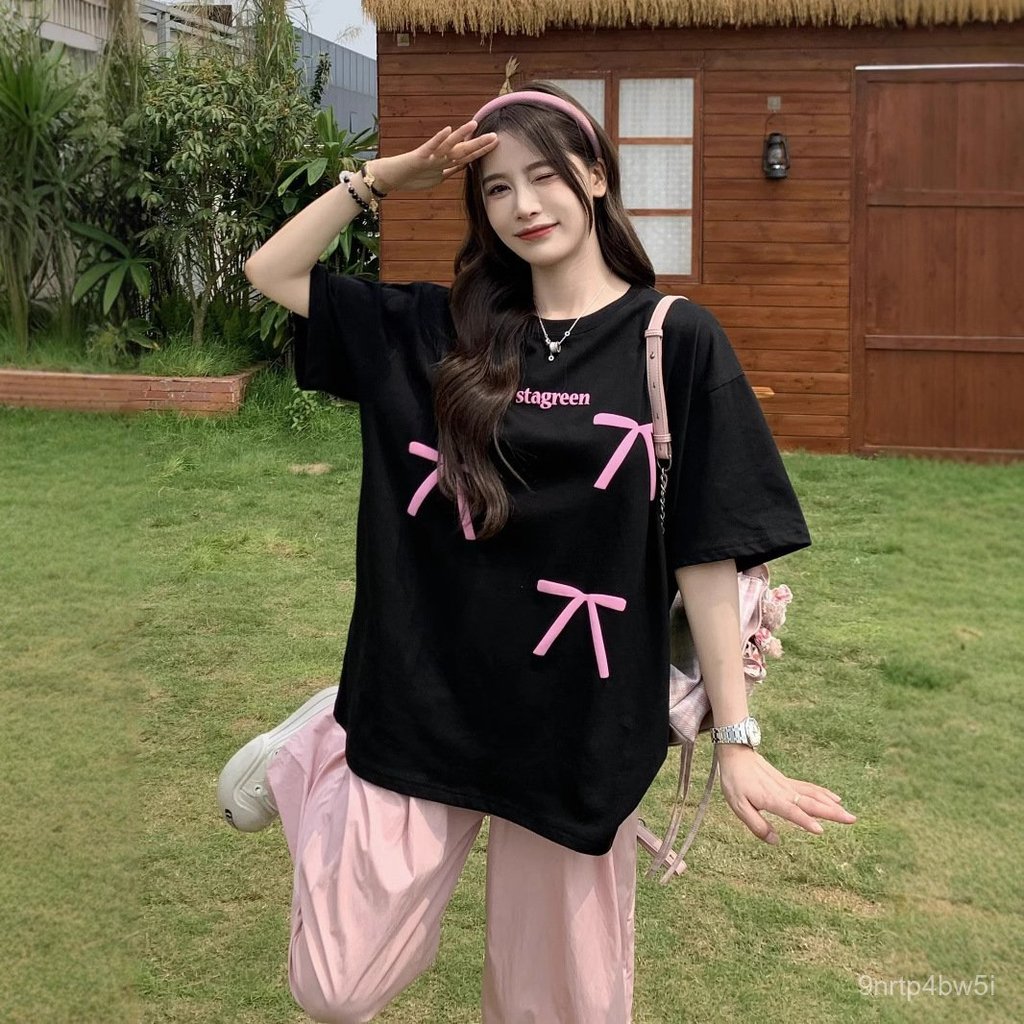 Kemeja-T wanita lengan pendek, gaya Korea, longgar, bersaiz besar, pelangsingan badan, baju-T cetak tunduk dan huruf