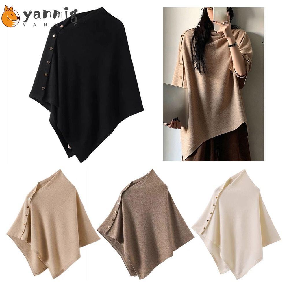 YANMIG Pashmina Shawl, Warm Irregular Knitted Thick Warm Poncho,  Thick Casual with Button Shoulder Top Autumn Winter