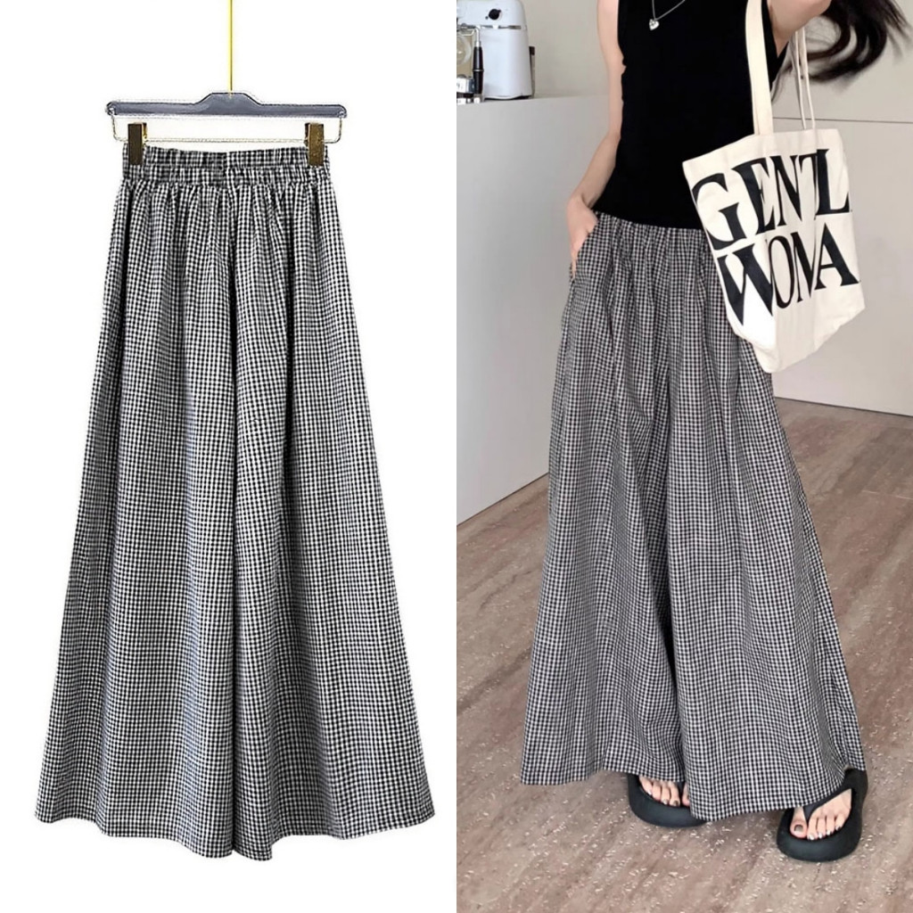 ✨【READY STOCK】Bella Black Plaid Culottes Wide Leg Pants Women's Summer Seluar panjang longgar Bf Lazy Style