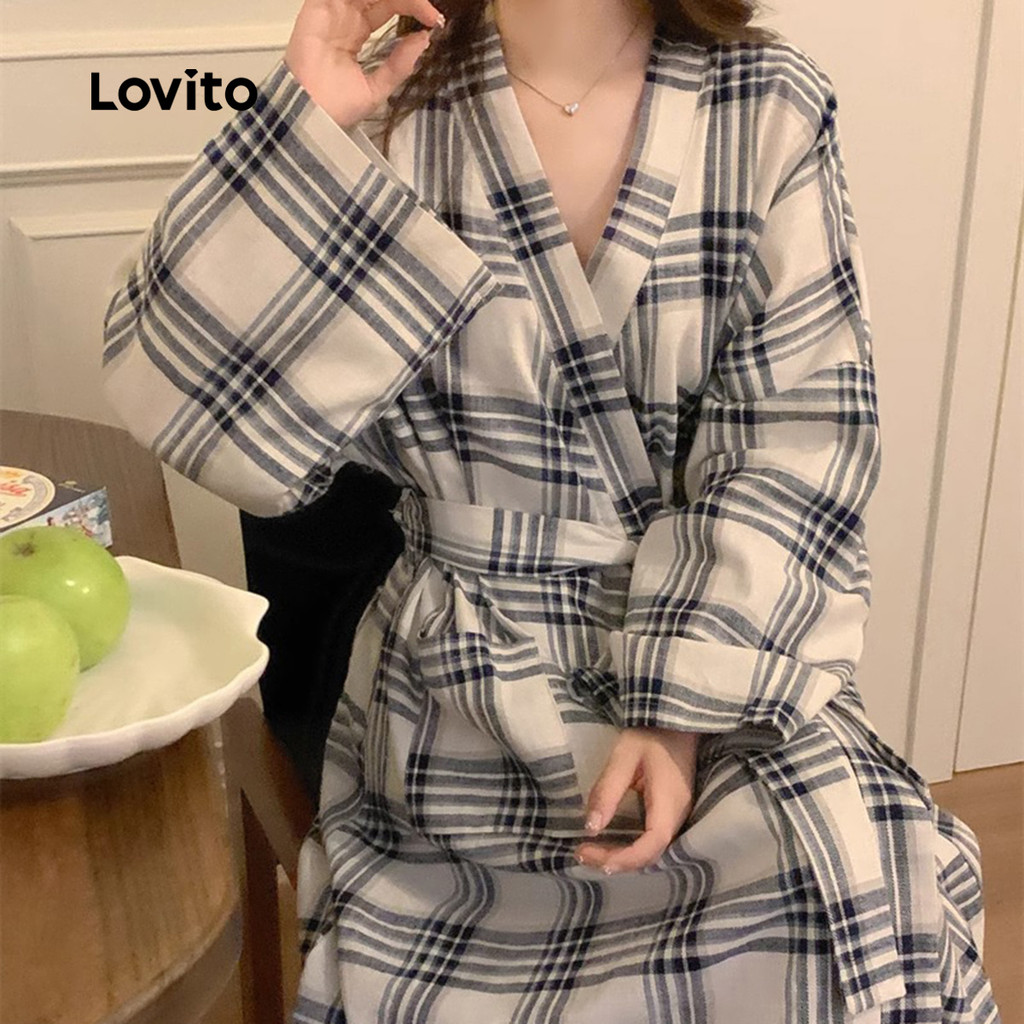 Lovito Casual Plaid Print  Home Wear Fall Robes Pocket Couple Look Spring/summer Robes for Women LNE121059 Lovito He Taa Maamaa Taakaha Kaahui i te Kainga Ko nga Koroka Hinga Pukoro Ma te Maahine Titi