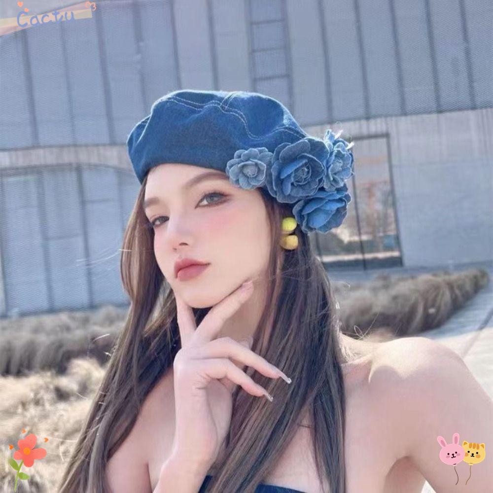 CACTU Fluffy Beret Hat, Denim Color Camellia Cotton Painter Hat,  Contrasting Colors Fashionable Casual Flower Beret Cap