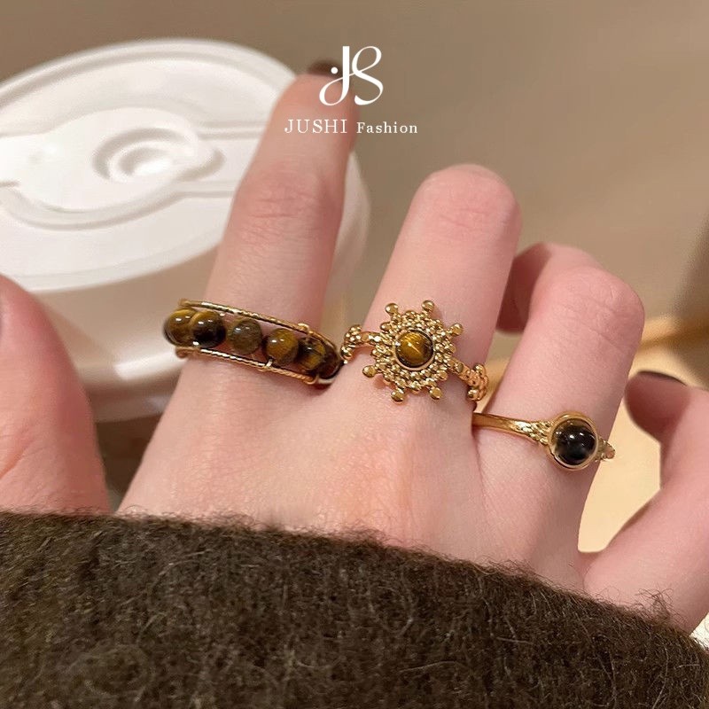 JUSHI Maillard Serpentine Tiger Eye Star Adjustable Ring Y2K Aesthetic Dainty Jewelry for Women Stackable Gift for Her Celestial