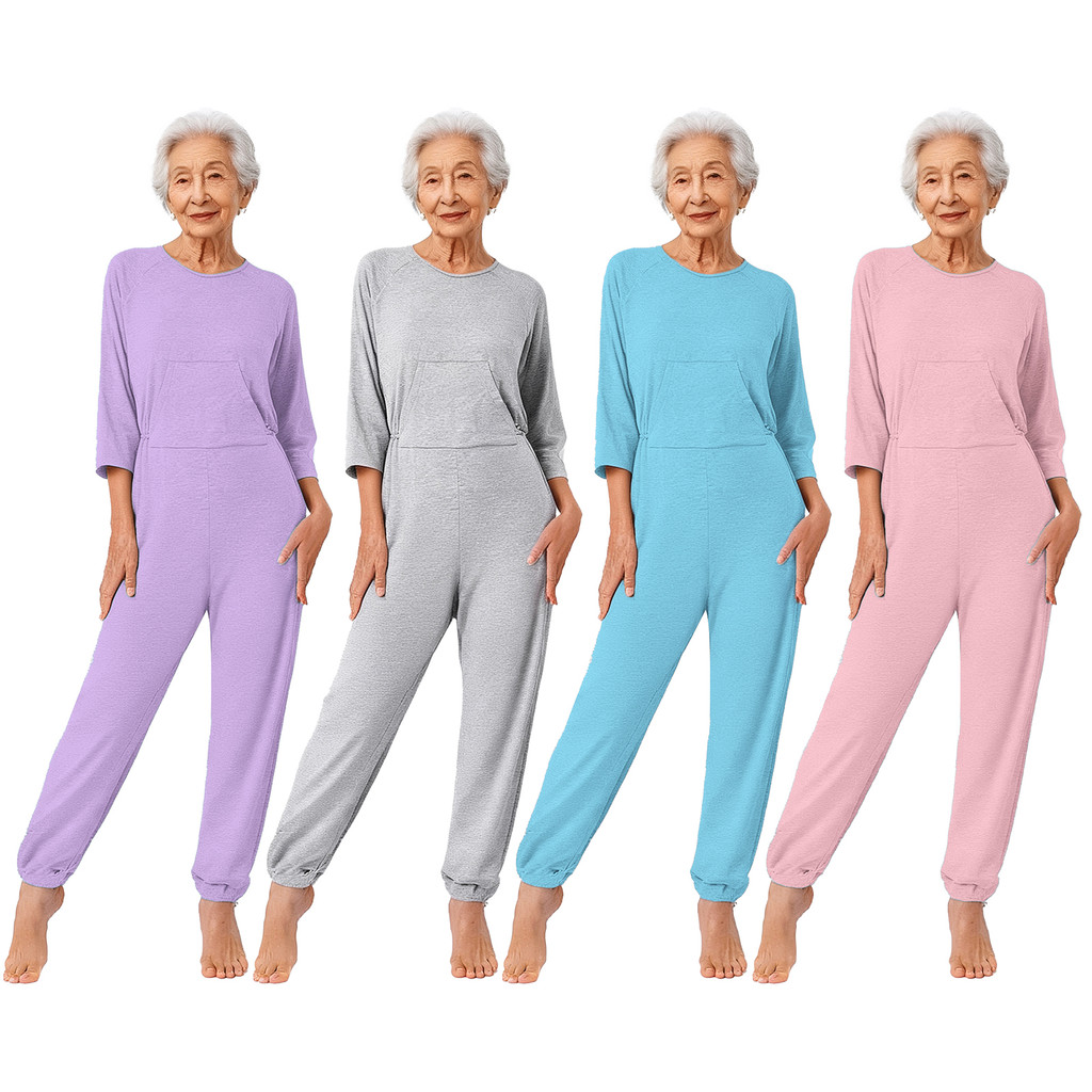 inhzoy Womens Elderly Anti-Strip Adaptive Jumpsuit Back and Legs Double-end Zip Long Sleeve Long Pants Nursing Rompers for Dementia Special Needs and Disabilities