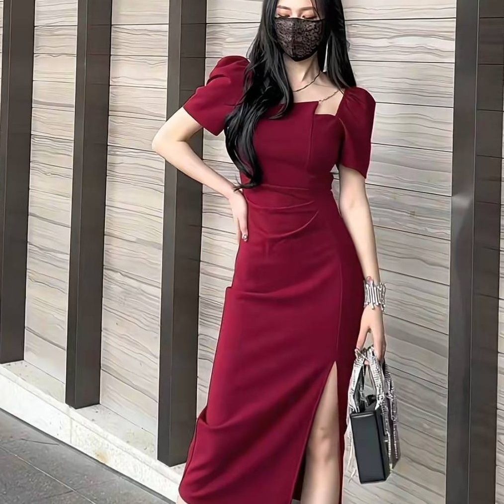2025 Summer Fashion Classy Chain Design Narrow Waist French Long Split Dress