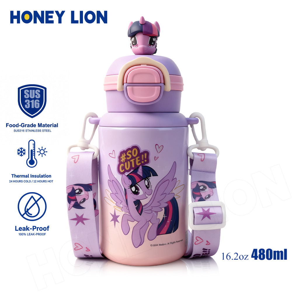 HoneyLion - 480ML My Little Pony Stainless Steel Thermos | 360 No Spill Leakproof Kids Water Bottle | 12H Cold Lock with Carry Strap for School
