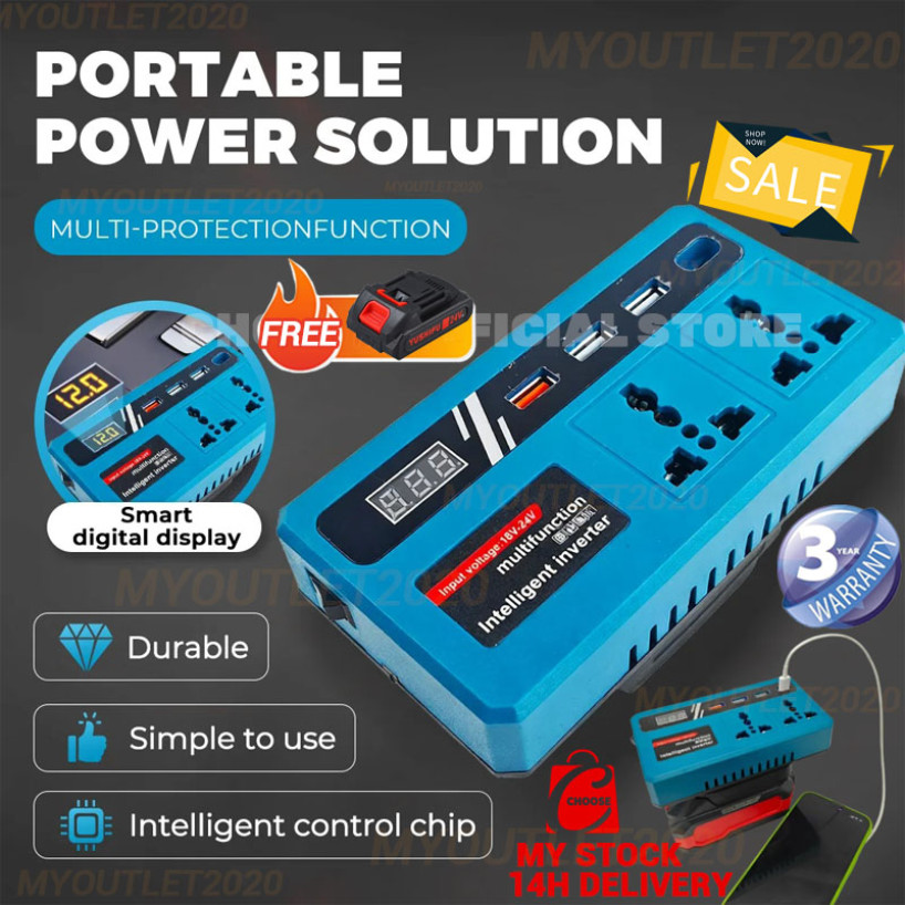 Free Battery+Charger🔥 Portable Power Inverters 20v To 220v Converter 150W Penukar with 3 USB, 2 AC Outlet and Type-C