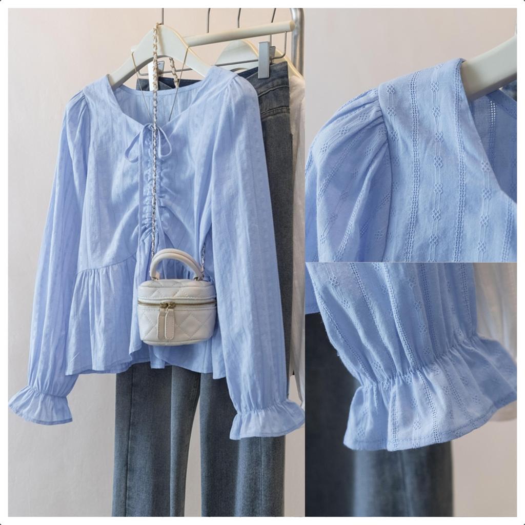 SARICHIC Korean Style Women Ladies Loose Drawstring VNeck Long Sleeve Shirt Blouse Baju Baju Wanita Lengan Panjang-99253