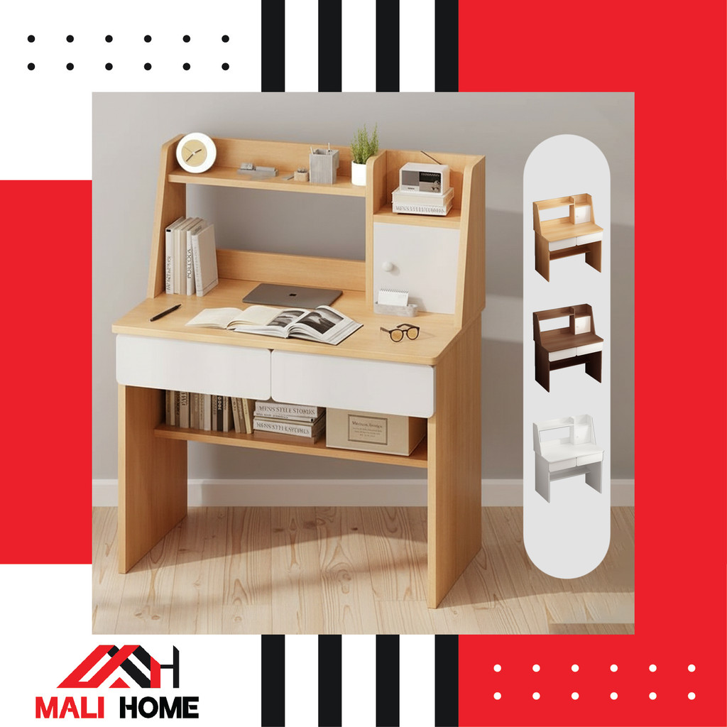 MALI HOME【JYJU】Meja All-in-One Desk with Bookshelf Compact Computer Desk with Storage Shelves & Spacious Worktop