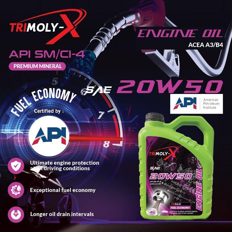 TRIMOLY-X TRIMOLYX 20W50 MINERAL ENGINE OIL API SM/CI-4 4L Car Minyak Hitam Minyak Enjin Kereta TRIMOLY-X TRIMOLYX 20W50 Minyak Enjin Mineral 4L API SM/CI-4 – Minyak Hitam Kenderaan Petrol & Diesel Minyak Enjin Mineral Berkualiti Tinggi Untuk Semua Kereta