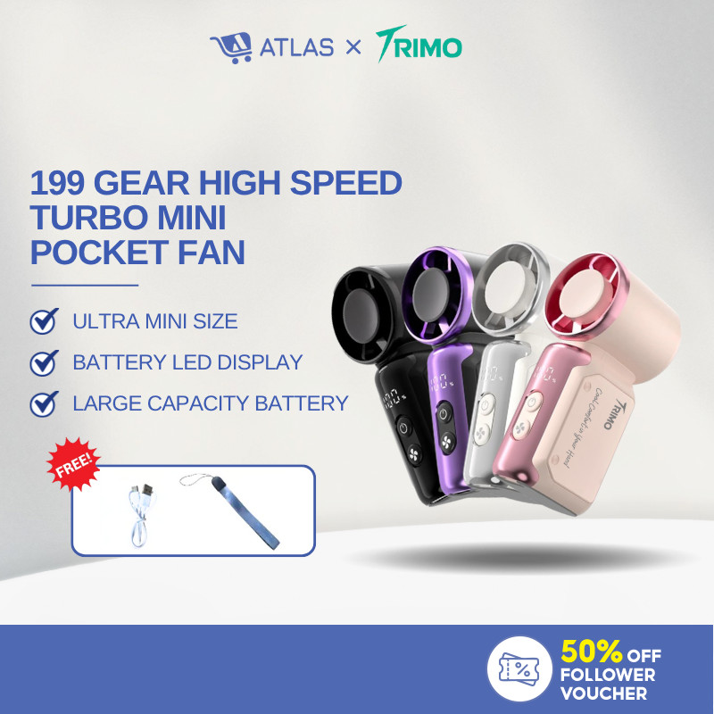ATLAS【TRIMO】Last Up to 22Hours 199 Speed Fan Portable Handheld Fan 6000mAh PF-001 Mini USB Kipas Poket Kipas Kecil