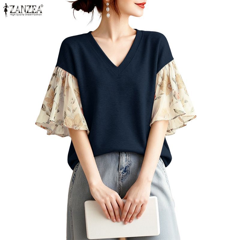 ZANZEA Women's V-Neck Ruffle Sleeve Blouse with Floral Prints and Contrast Colors