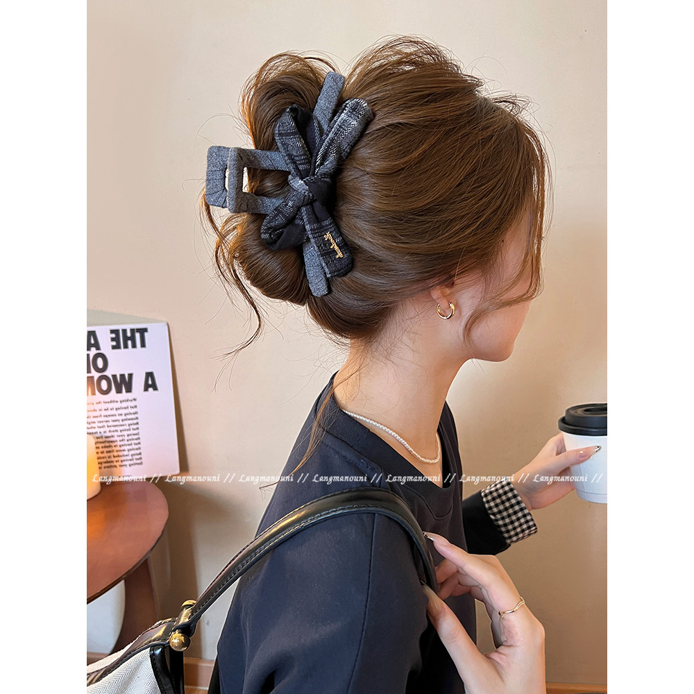 High-End Checked Bow Grab Clip Female 2025 New Style Large Hair Shark Clip Back Head Hair Clip Hair Accessories