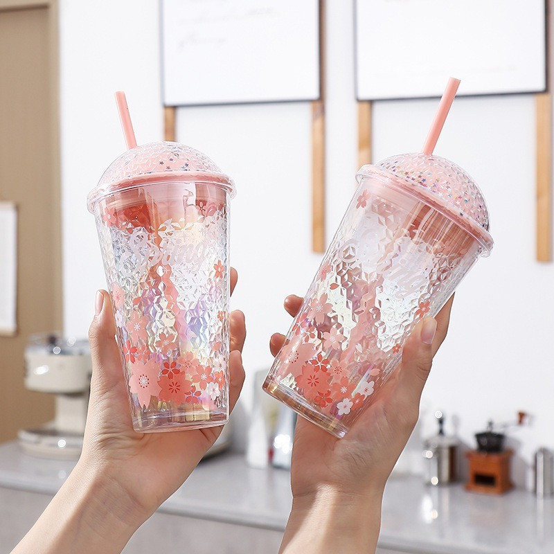 Cawan Bunga Sakura Comel Kids Transparent Sakura Design Glass Mug with Straw and Cover Milk Juice Mug Daily Drink Use