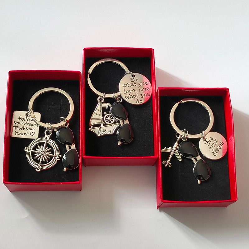 (with gift box)Follow your dreams trust your heart keychain Airplane Sunglasses Travel Key Ring Graduation Gift&-&*-&&-