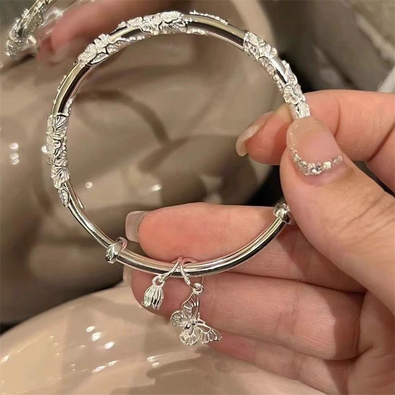 Hijau Fashion 925 Silver Flower Butterfly Bracelet Bangle For Women Mother's Day Gift Accessories