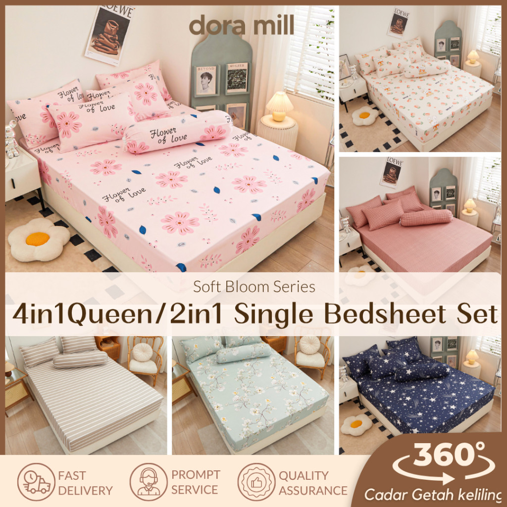 DM ?4in1 Queen King 2in1 Single Bedsheet Set Cadar Murah Getah Keliling Pillow Case Bolster Case V#4