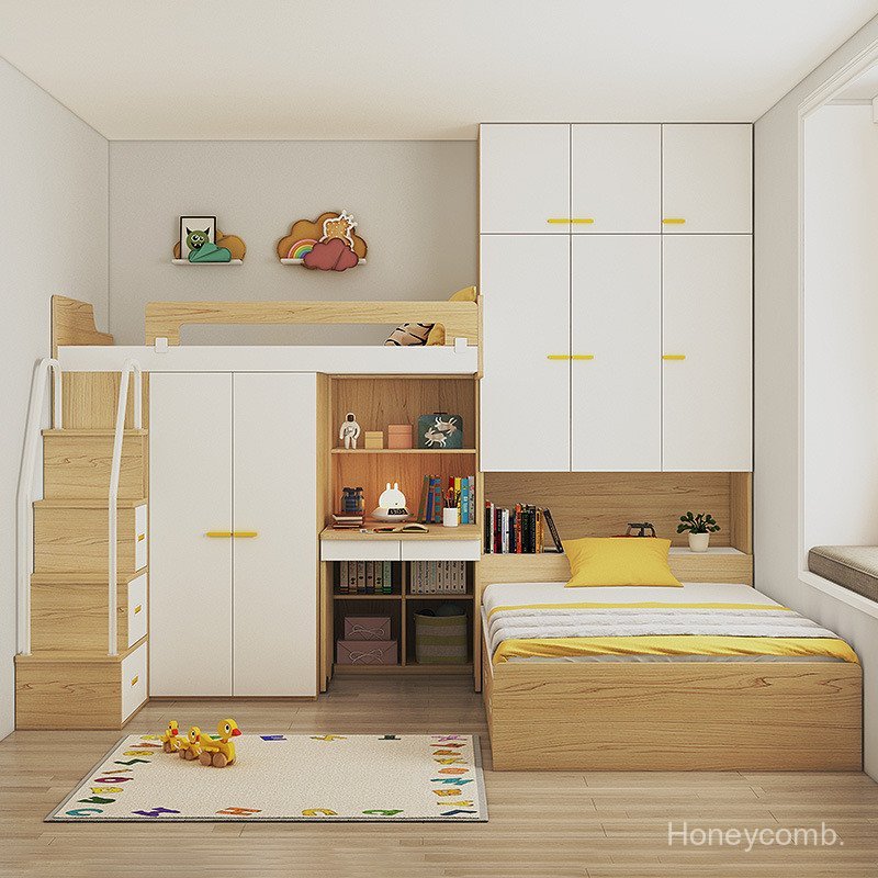 Katil Gabungan Tatami Penjimatan Ruang Kecil, Katil 2 Tingkat Berperingkat, Katil Tinggi-Rendah Bilik Kanak-kanak Berbilang Fungsian