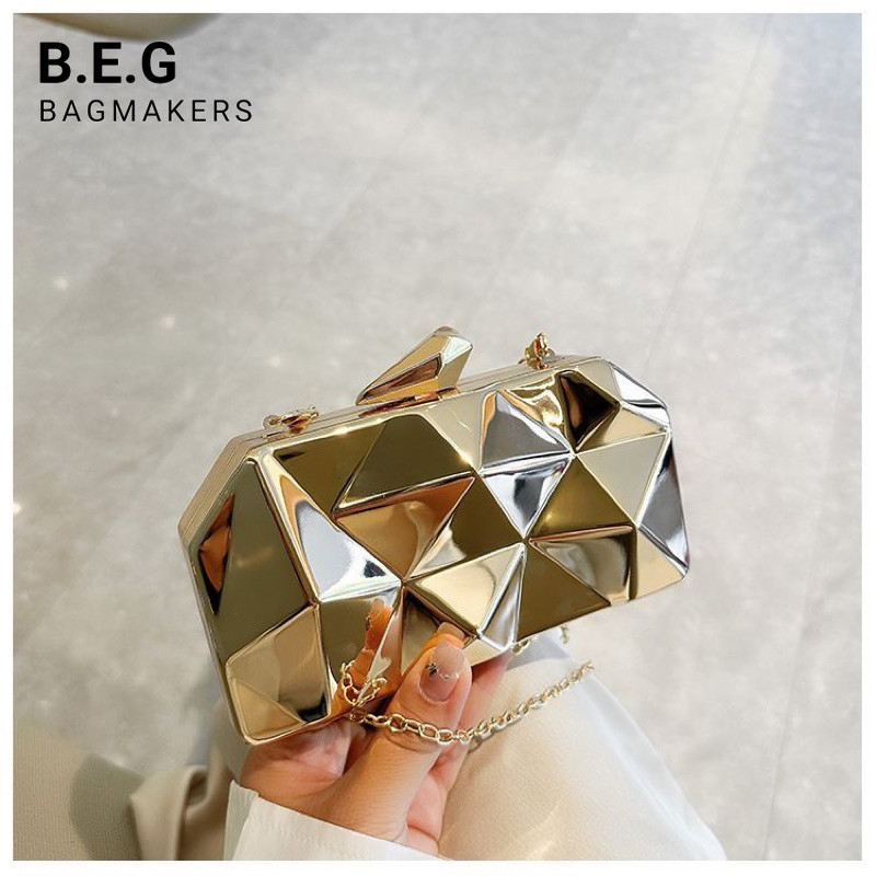 B.E.G Clutch Evening Bag For Women Wedding Handbags Bridal Metal Rhombus Bag Chain Shoulder Bag