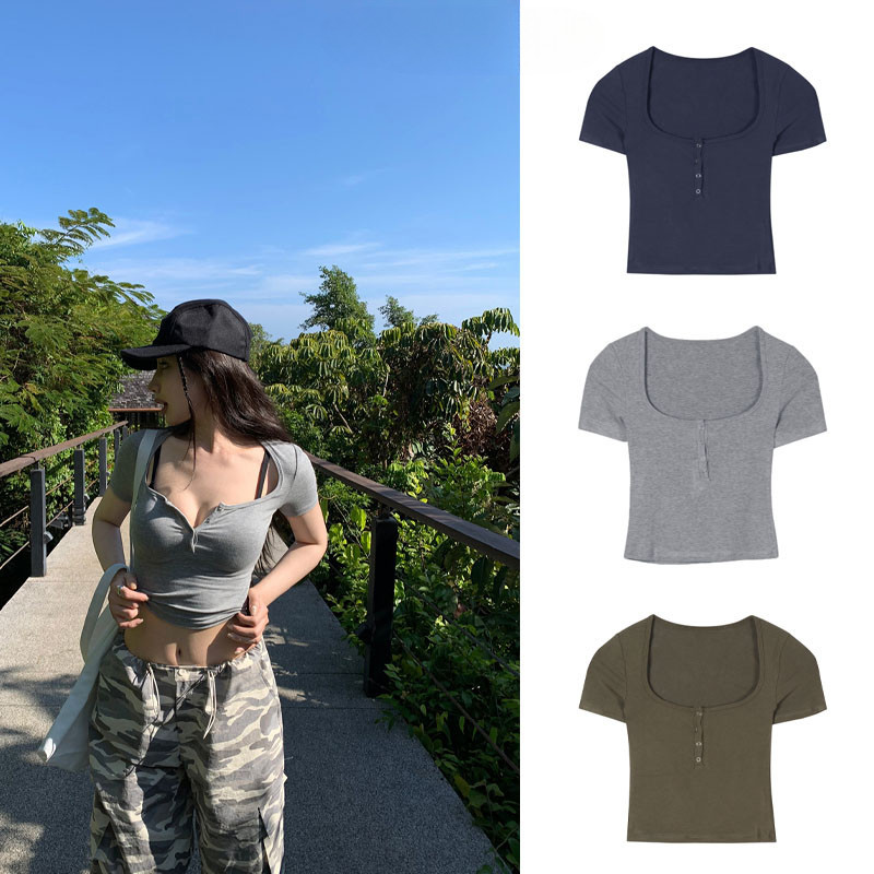 Fashionable Temperament Sexy Short Skinny Short-Sleeved Summer Unique Exquisite T-Shirt Slimmer Look All-Match Beau