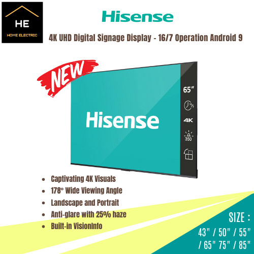 Hisense 43" / 50" / 55" / 65" / 75" / 85" 4K UHD Digital Signage Display TV Operation 16/7 Hour 50DP30FE 65DP30FE DP30FE