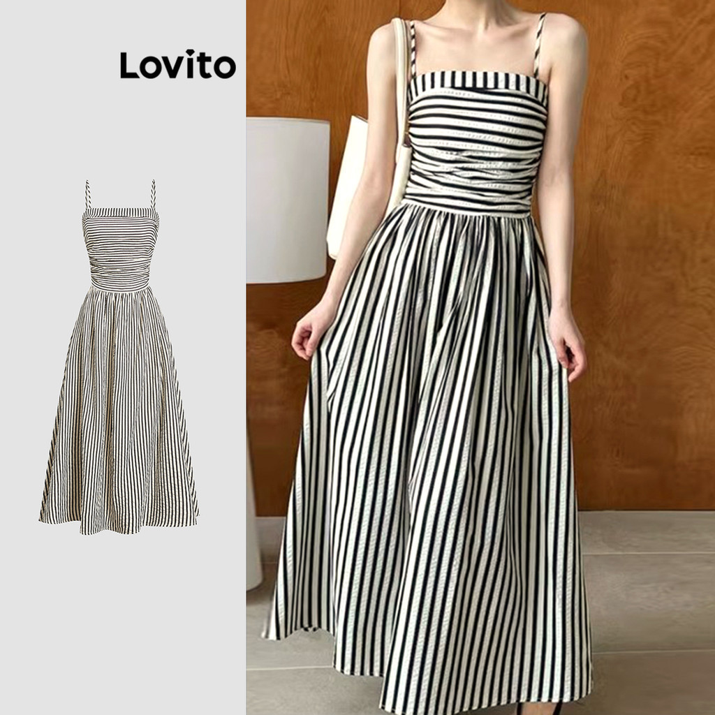 Lovito x Gladish Casual Dress Striped Ruched Summer/Spring Dress for Women L121MD302 Lovito x Gladish Pakaian Kasual Pakaian Musim Panas/musim Bunga Berjalur Berjalur Untuk Wanita L121MD302