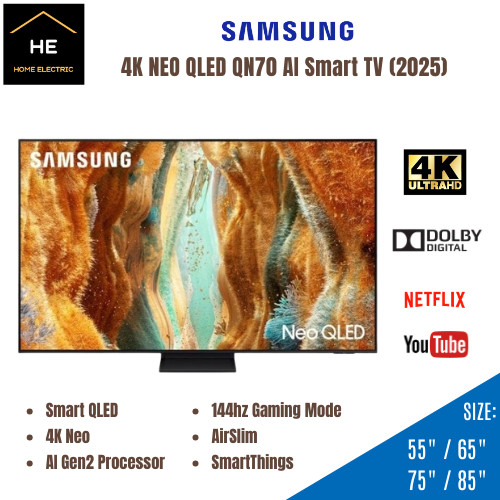 Samsung (2025) 55 / 65 / 75 / 85 Inch Neo QLED QN70F 144hz Gaming Mode 4K AI Smart TV Televisyen QA55QN70FAKXXM
