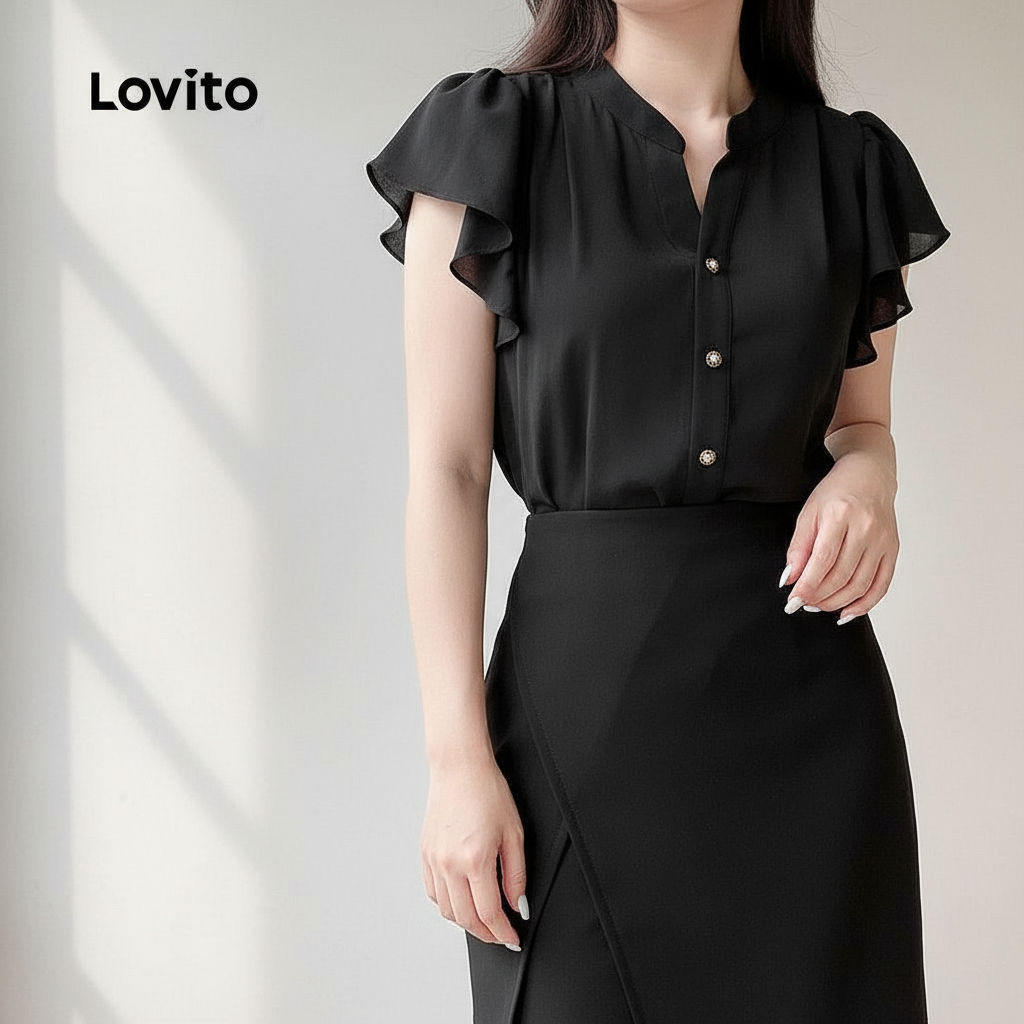 Lovito Blaus Kasual Wanita Ruffle Polos Butang Musim Panas L129AD1030