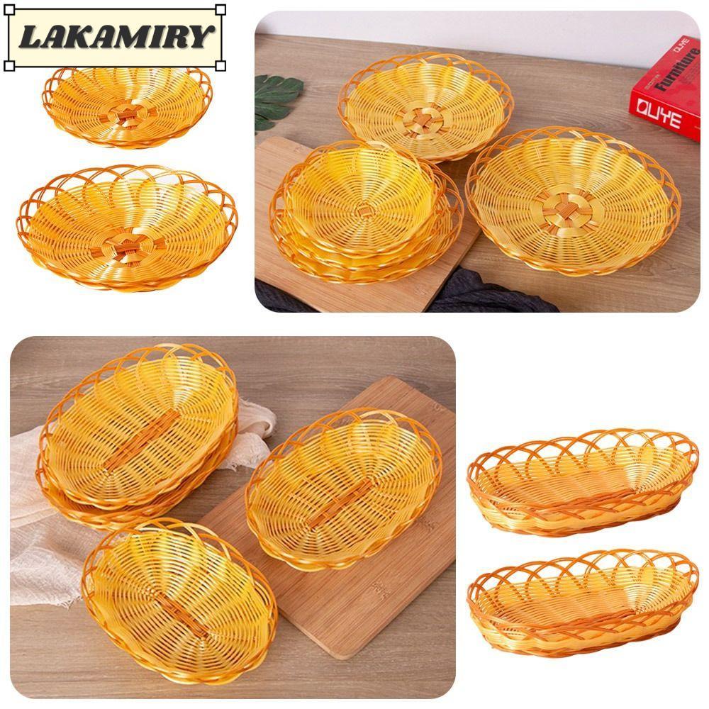LAKAMIRY Imitation Rattan Basket, Plastic Woven Food Plate, Round Bread Basket Breakfast Cake Snack