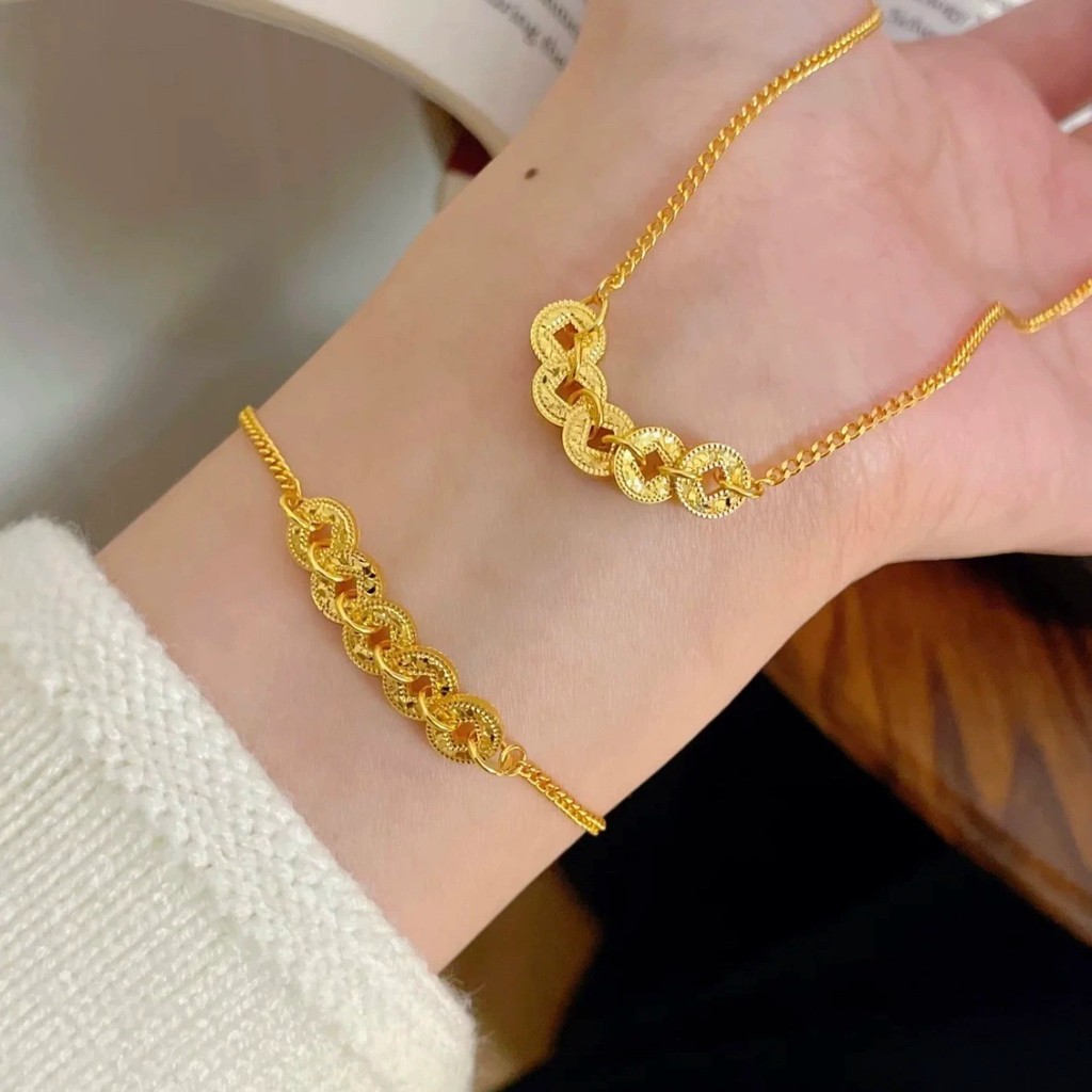 Geometric Retro Five Emperors Money Moral Abundant Wealth Necklaces Bracelet for Women Jewelry Accessories 2pcs Set