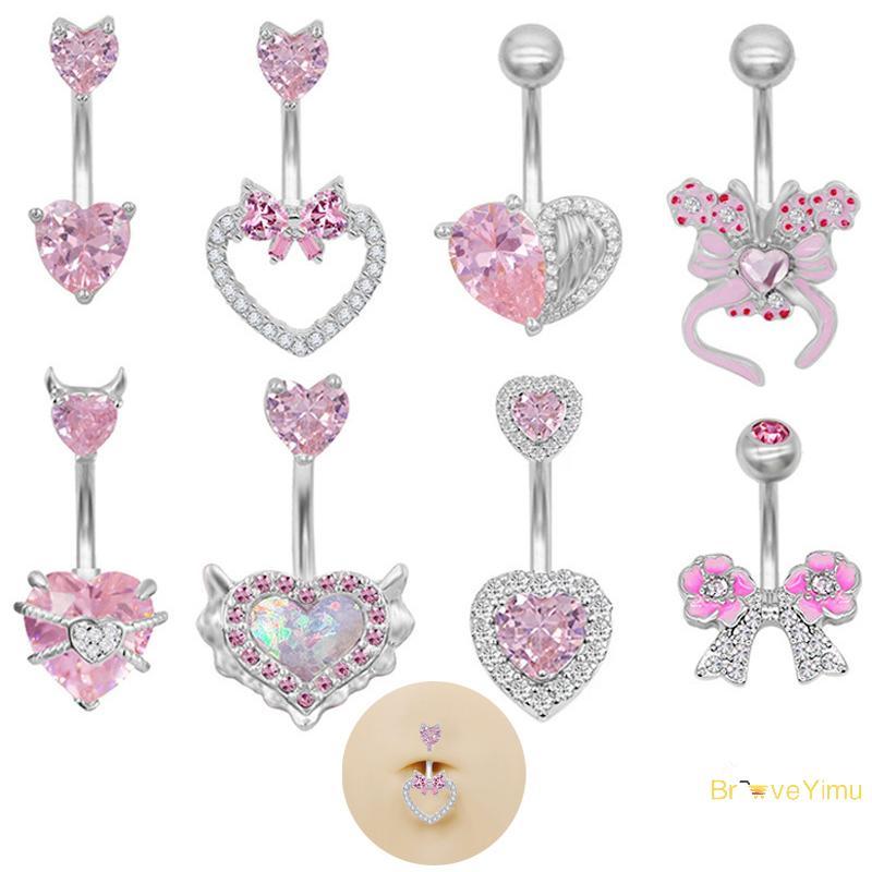 [BraveYimu] Fashion Pink Belly Button Rings Bow Heart Navel Piercing Ring For Women Girls Sexy Body Jewelry Navel Piercing Barbell Gifts New