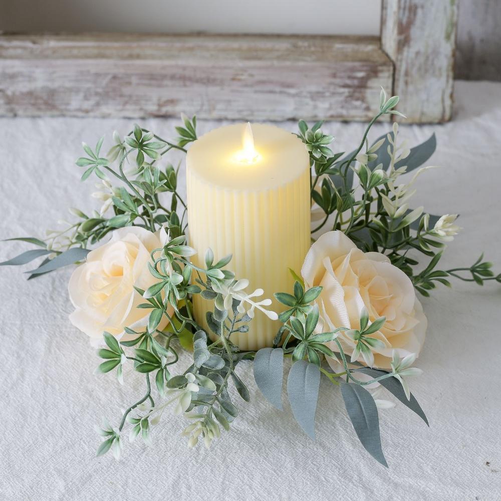 1Pcs Rose Floral Candle Rings Artificial Burgundy Flowers Wreaths with Green Eucalyptus Leaves Rose Candle Rings for Pillar Wedding Farmhouse Centerpiece Home Decor