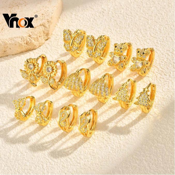 Vnox Cubic Zirconia Huggie Earrings for Women Girl,Bow Butterfly Sunflower Bear Small Hoop Earring Daily Jewelry