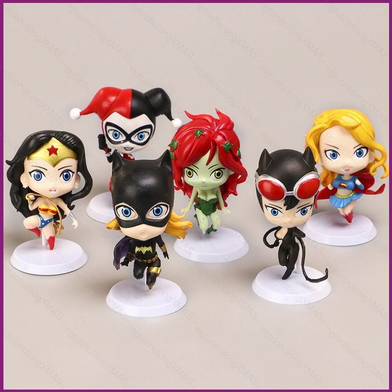 HT 6pcs Justice League Action Figure Wonder Woman Selina Kyle Batgirl Supergirl Harleen Quinzel Desktop Ornament Cake 