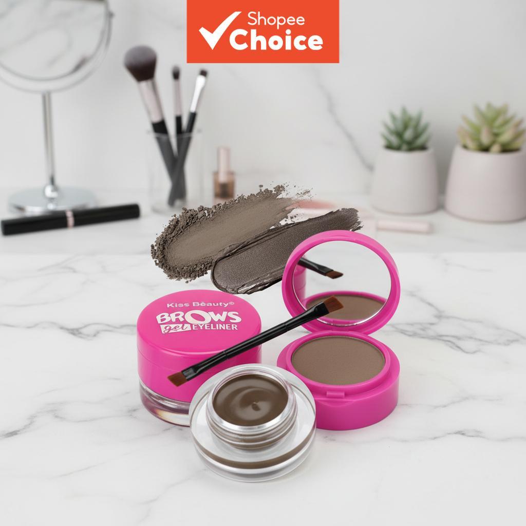 21()  Set Serbuk Kening 2 Dalam 1 Hitam & Coklat Gel Eyeliner Kalis Air dan Tahan Lama, Set Kening Lancar Tahan Lama
