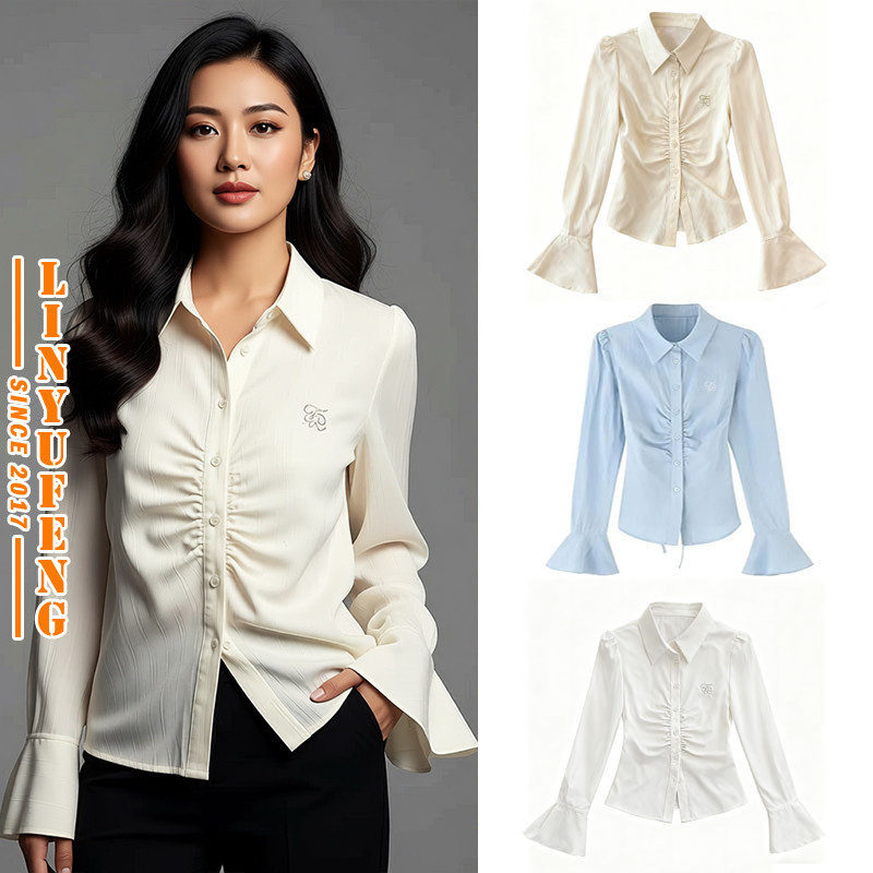 ?Linyufeng? Tunic Blouse Women Office Outfit Korean Style White Classy Fitted Elegant ironless Ladies Slim Waist Pleated Long Bell Sleeve Shirt Top Baju Kemeja Putih Biru Lengan Panjang Perempuan Wani