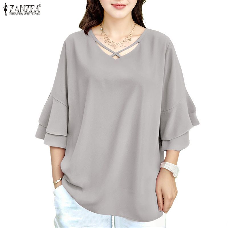 ZANZEA Women's Cross-Design V-Neck Double Layer Ruffle Blouse