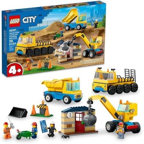 LEGO City Construction Trucks and Wrecking Ball Crane 60391 Building Toy Set for Toddler Kids Ages 4+, Includes 3 Construction Vehicles, an Abandoned House and 3 Minifigures for Pr
