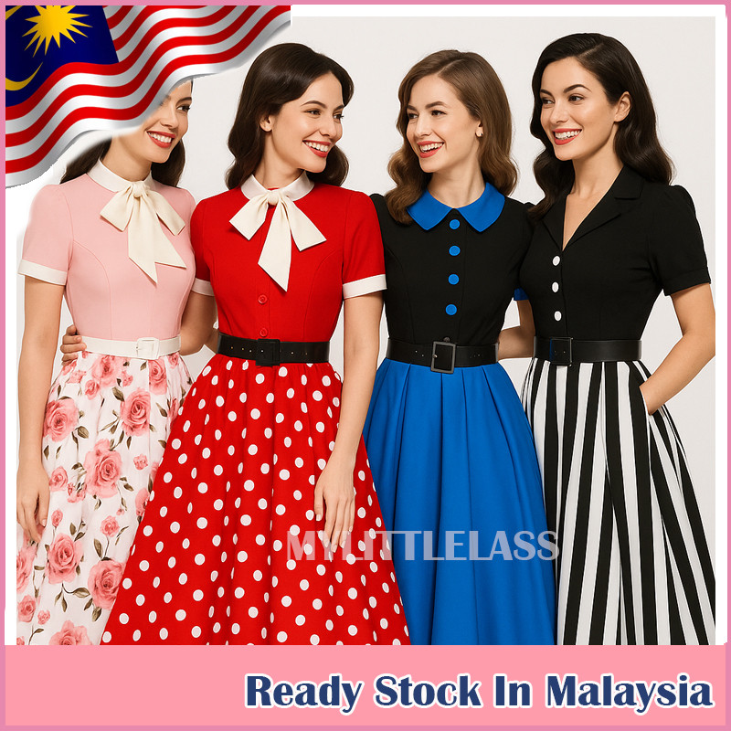 MYLITTLELASS Women’s Midi Dress 1920s Retro Style Vintage Print & Belt