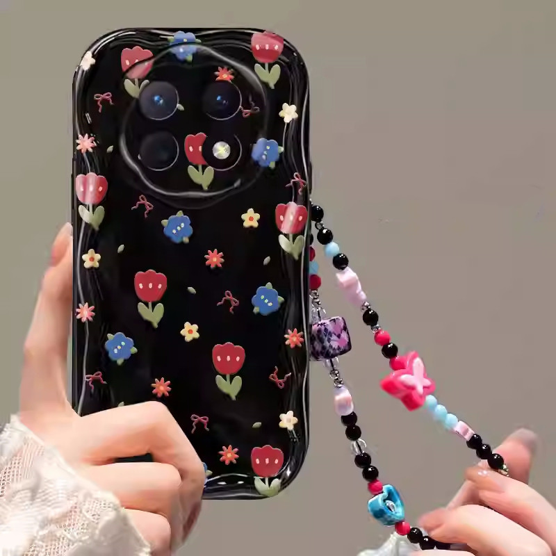 Phone Case Honor X9C Smart HonorX9C Smart 5G Casing Retro Fashion Red Blue Flowers Silicone Shockproof Back Cover with Short Hanging Bead Lanyard Soft Case