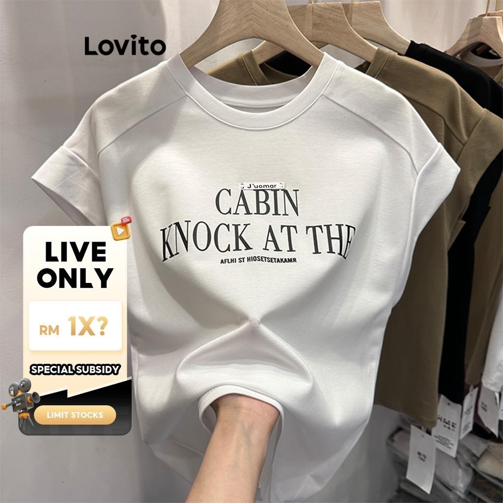 (LIVE STREAM SALE) Lovito Casual T-Shirt Letter Padded Basic T-Shirt for Women LNA24019 (Khaki/White/Black)