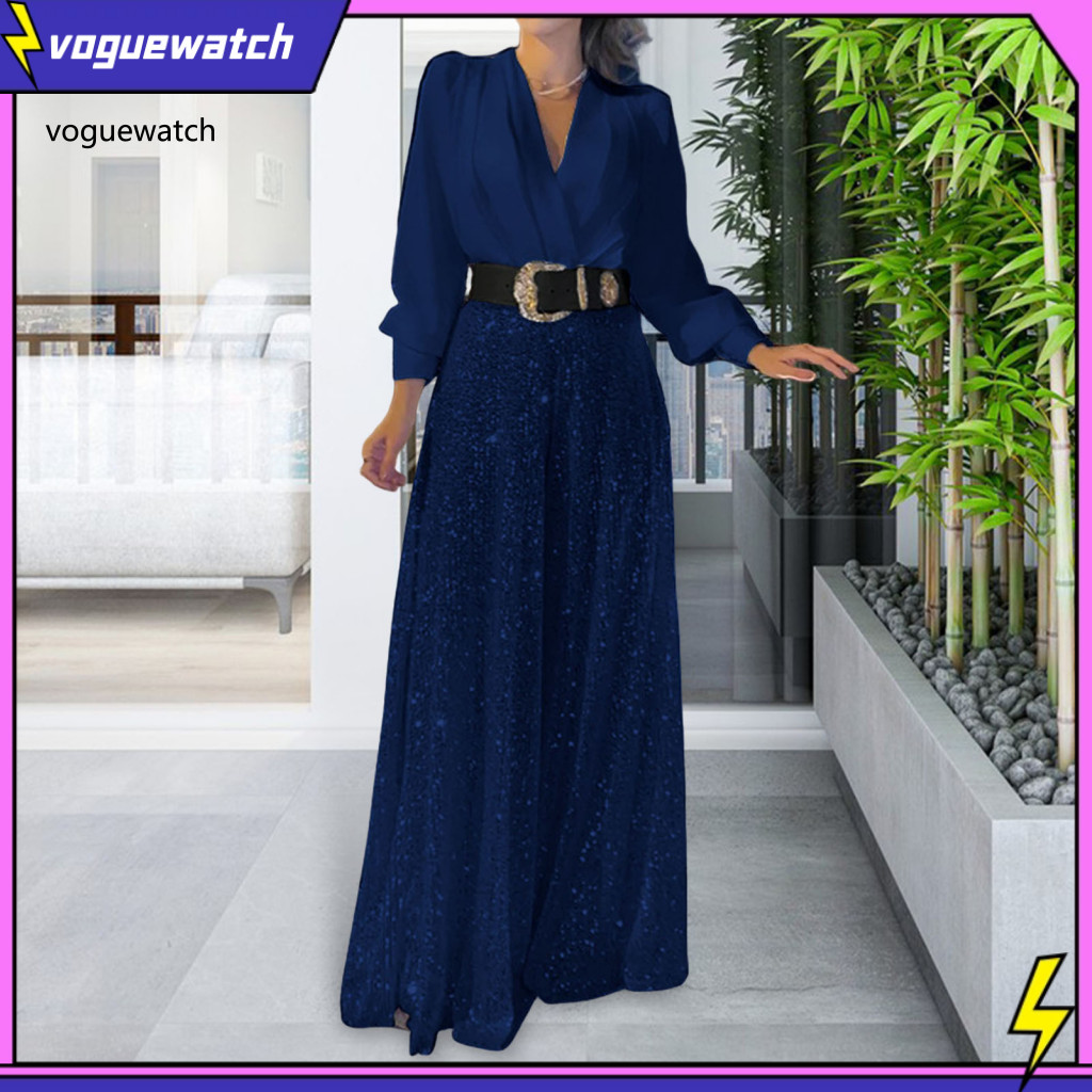 VOG* Long Sleeve Sequin Jumpsuit - V-neck Design for Formal Events
