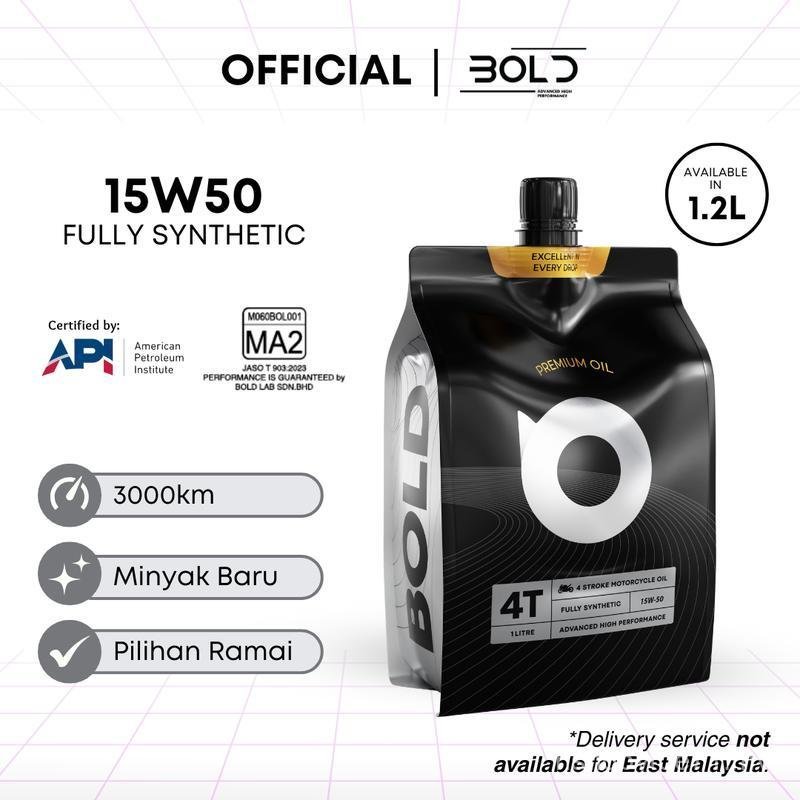 BOLD 4T 15w50 1L / 1.2L Fully Synthetic MA2 SN Motorcycle Engine Oil Minyak Hitam Motor Motosikal 15w-50 LC135 Y15 Automotive