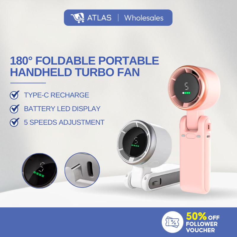 ATLAS Portable Handheld Turbo Fan, 5 Gear Wind, Battery Operated, 3 IN 1 Hand Fans with Air Turbo Tech Cooling Fan