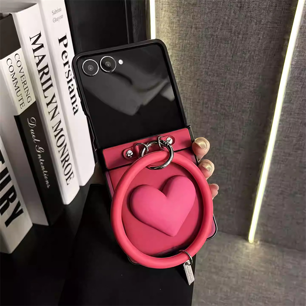 Luxury Down Jackets Rose Red Heart Phone Case with Ring Bracelet for Samsung Galaxy Z Flip 7 6 Z Flip6 ZFlip 5 Zflip6 Cover