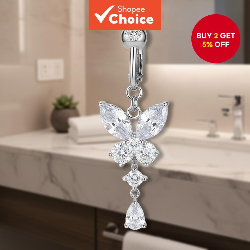  Elegant Long Butterfly Zircon Body Piercing Ring for Women - No-Pierce Belly Button Jewelry - Stylish Party Accessory