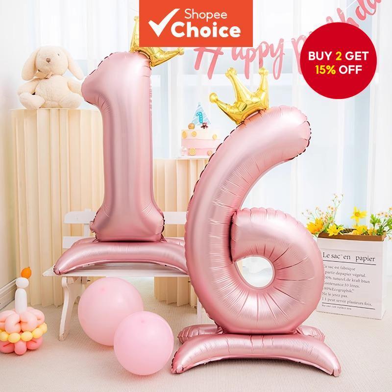 133.2cm Pink Crown with Base Standing Number Aluminum Film Balloon, Birthday Scene Decoration