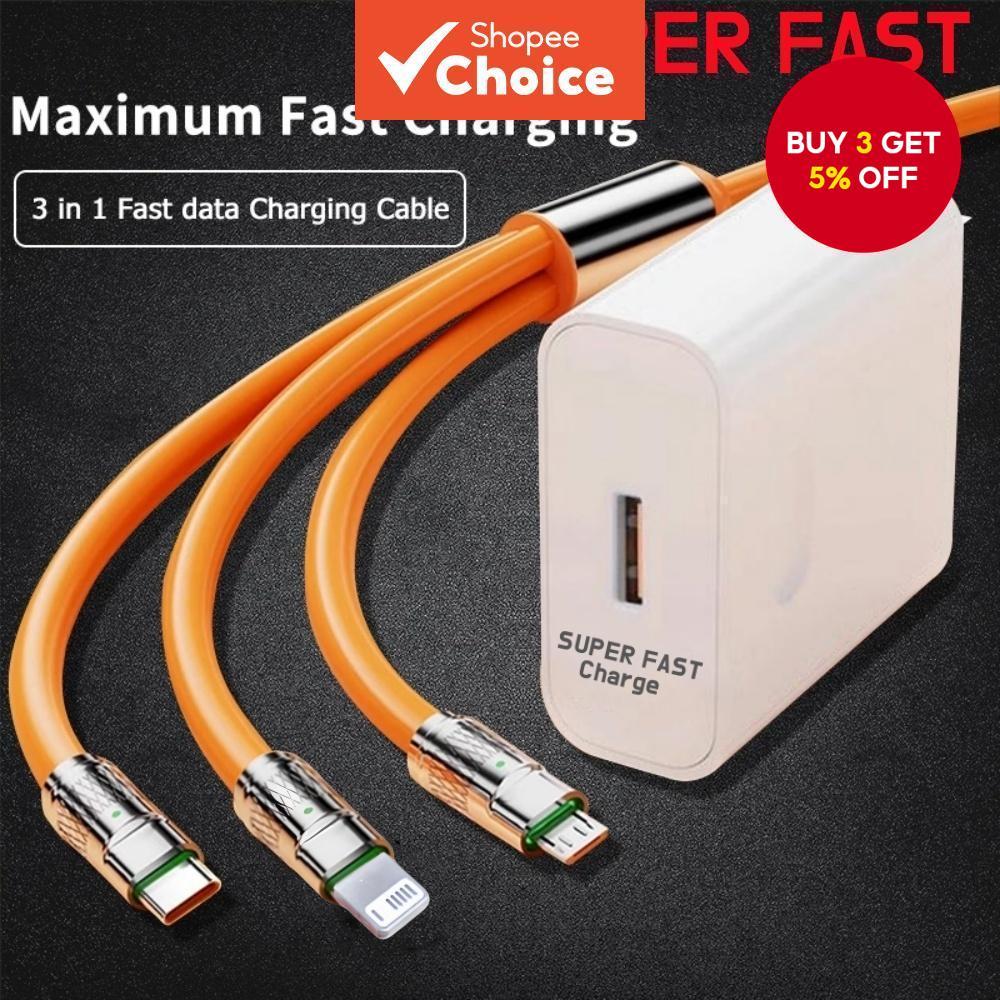 3 In1 Fast Charger For Android Type-C Micro USB iOS 6A Cable Silicone Material Cable With Super Fast Charging Adaptor Cellphone Connector Fast Charging