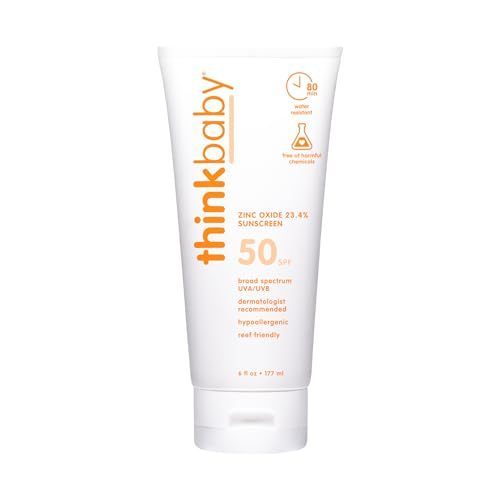 Thinkbaby SPF 50+ Baby Sunscreen, 6 Oz. – Safe, Natural Mineral Sun Cream for Babies - Water Resistant – Broad Spectrum UVA/UVB Sun Protection – Vegan Sunscreen for Kids