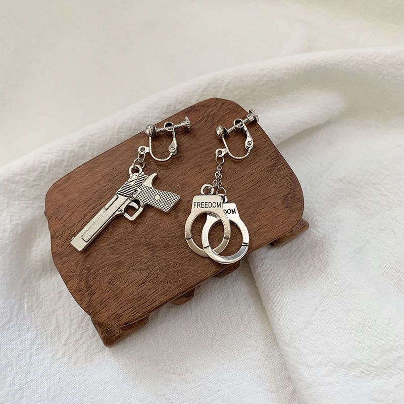 Hhhg [6131 People Collection] Hong Kong Style Punk Antique Silver Pistol Handcuff Earrings 925 Silver Hook No Pierced Ear Clips Fun Unique Retro Earrings