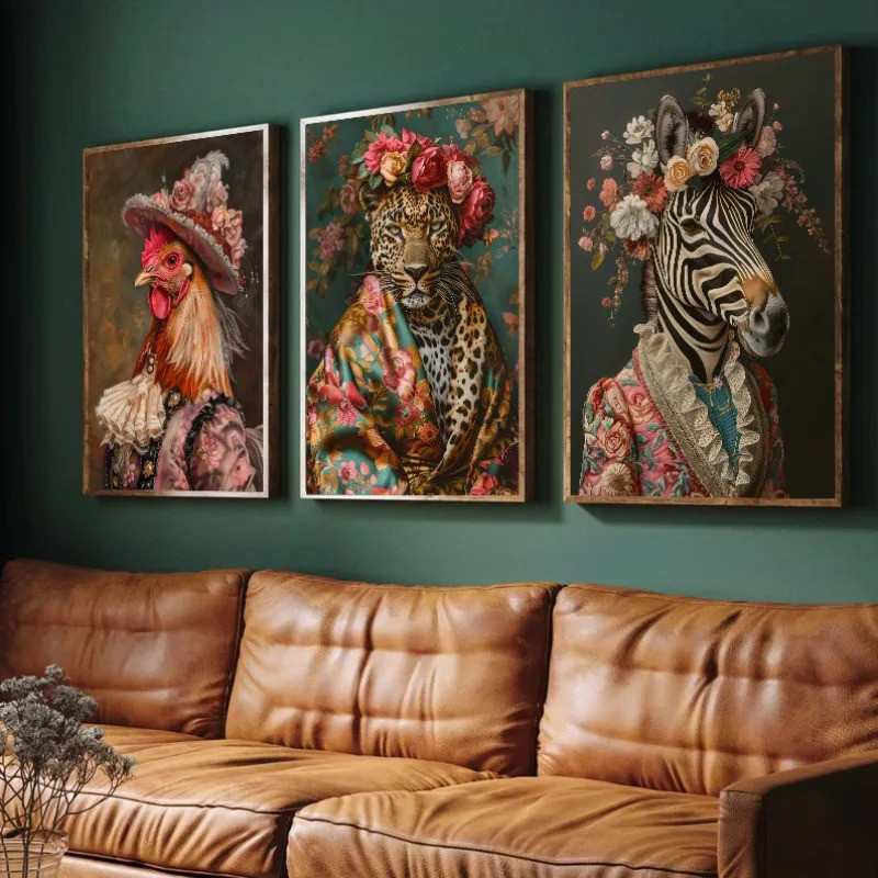 Vintage Victorian Royal Animal Leopard Zebra Elegant Portrait Dark Academia Poster Canvas Painting Wall Art Pictures Home Decor